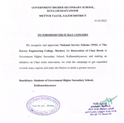 Recognition and appreciation Letter from Government Higher Secondary School, Kullamadaiyanoor for the renovation of class room done on 31st March 2022.